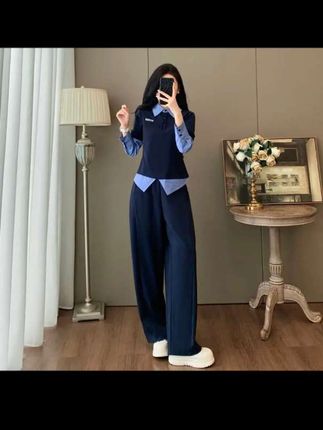 韩版休闲运动套装女秋季2025新款洋气减龄假两件卫衣直筒裤两件套#简约穿搭 #穿搭分享 #春秋穿搭