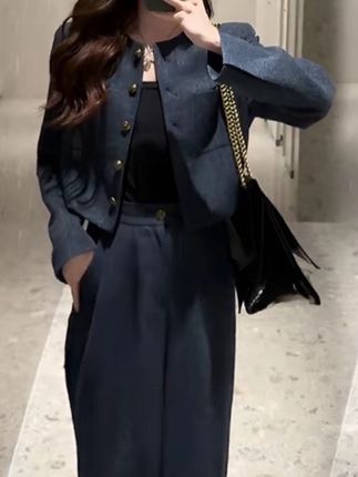 高级气质休闲圆领高腰阔腿裤牛仔风格小香套装女#高级感穿搭 #女性气质穿搭 #穿搭女装 #高腰阔腿裤套装#气质穿搭