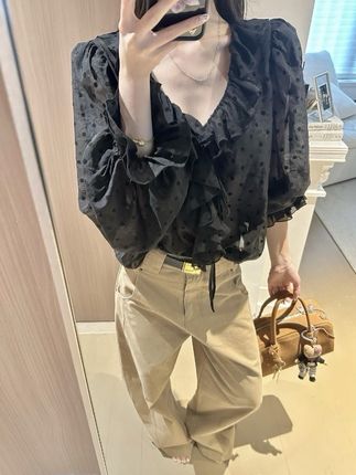 法式V领荷叶边波点泡泡袖长袖雪纺衫女秋气质设计感上衣#每日穿搭每日 #今日穿搭 #每日穿搭女装 #穿出高级感 #辣妹穿搭