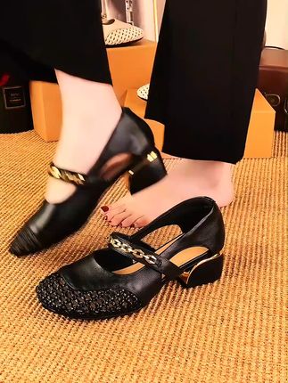 41大码美鞋,穿出自信!轻松退换,无忧购物体验 #夏季圆头透气编制凉鞋#41大码黑色洞洞鞋#圆头粗跟低跟中空凉鞋#圆头浅口单鞋粗跟真皮牛皮妈妈鞋单鞋