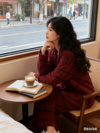 韩版复古红条纹撞色针织半边绒睡衣女冬季新款加绒加厚家居服套装 #今日穿搭look #慵懒风 #穿出高级感