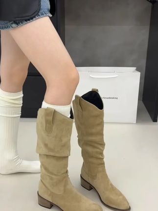 复古棕色V口堆堆中筒长靴女鞋2024春秋冬季尖头西部牛仔长筒靴子#复古长靴 #女款牛仔靴 #春秋冬长靴 #尖头长靴 #时尚女鞋