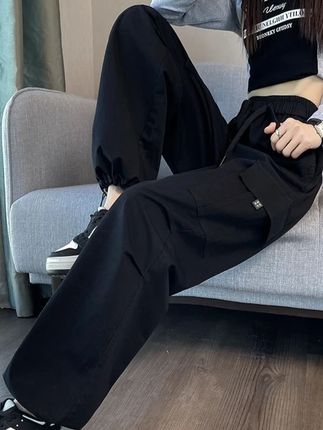 新款高腰工装裤女2025秋季新款宽松直筒阔腿裤束脚休闲美式运 #百搭神裤 #高腰工装裤 #早秋新款女装 #美式运动裤女 #阔腿裤女