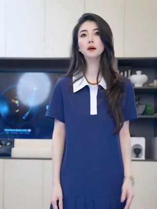 小乖逃D藏蓝连衣裙polo领蜜蜂压褶下摆套头连衣裙M8682 #减龄穿搭 #连衣裙穿搭 #藏蓝色穿搭 #套头连衣裙