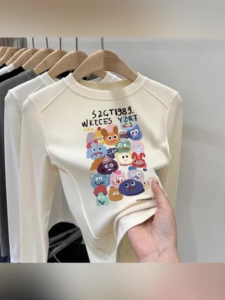 儿童长袖ins卡通印花T恤男女童秋冬打底衫趣味百搭上衣圆领内 #童装 #萌娃穿搭 #婴幼儿服饰 #百搭上衣 #儿童秋冬打底衫
