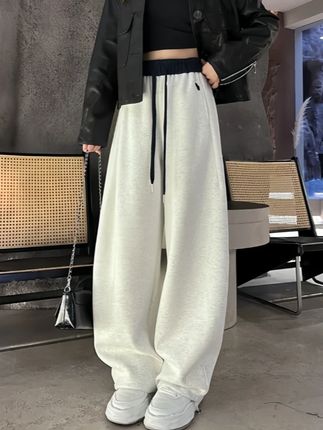 慵懒风刺绣阔腿裤女秋冬加绒加厚高腰宽松时尚百搭拼色休闲弯刀裤#慵懒风穿搭 #刺绣阔腿裤 #休闲弯刀裤 #百搭 #双十一