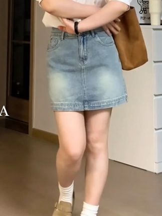 复古高腰牛仔短裙女春季新款大码遮肚子显瘦梨形身材a字半身裙子#ootd穿搭 #遮肉显瘦#少女感夏日ootd#今天穿什么#穿出自己的风格