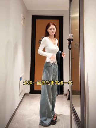 银河碎钻重工阔腿牛仔裤女2025早秋新款高腰宽松遮肉显瘦拖地长裤#遮肉显瘦 #垂感十足 #显瘦显高显腿长