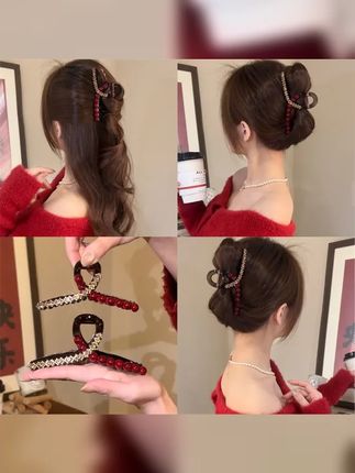 熹金新年红色闪钻抓夹女2024新款发夹后脑勺高级感盘发鲨鱼夹头饰 #仙女必备 #头饰发饰 #美出高级感 #精致女人必备 #抓夹