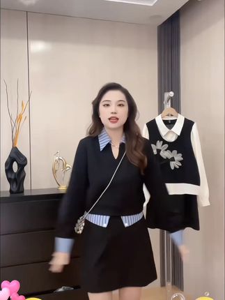 时尚减龄显瘦撞色V领上衣+A字半身裙两件套套装6108#高级感穿搭 #今日穿搭 #显高显瘦 #遮肉显瘦穿搭 #气质穿搭