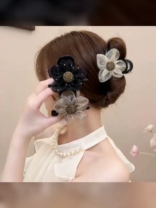 高端网纱水钻花朵抓夹女2024新款马尾夹后脑勺鲨鱼夹半扎发夹头饰 #花朵抓夹 #头饰发饰