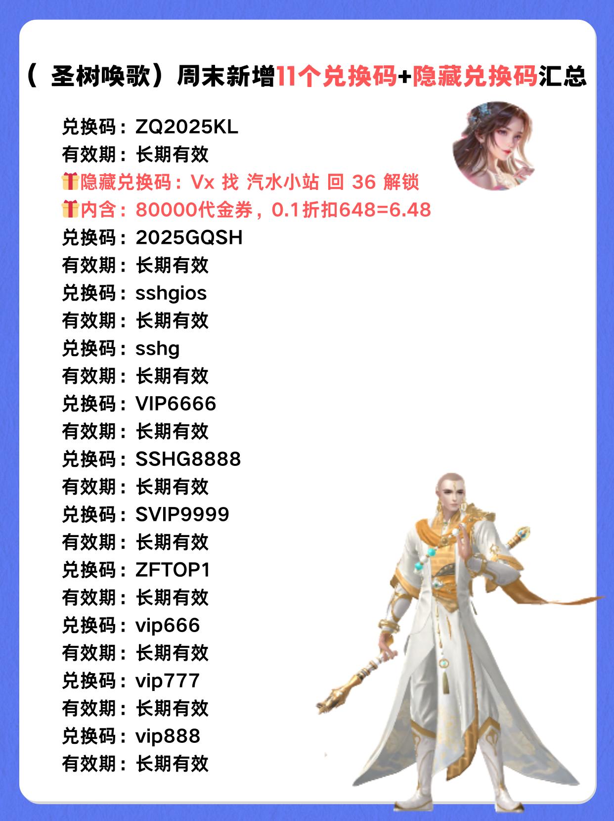 圣树唤歌周末新增11个兑换码亲测有效。兑换码:ZQ2025KL
有效期:长期有效
🎁隐藏兑换码:Vx 找 汽水小站 回 36 解锁
🎁内含:80000代金券,0.1折扣648=6.48
兑换码:2025GQSH
有效期:长期有效
兑换码:sshgios
有效期:长期有效
兑换码:sshg
有效期:长期有效
兑换码:VIP6666
有效期:长期有效
兑换码:SSHG8888
有效期:长期有效
兑换码:SVIP9999
有效期:长期有效
兑换码:ZFTOP1
有效期:长期有效
兑换码:vip666
有效期:长期有效
兑换码:vip777
有效期:长期有效
兑换码:vip888
有效期:长期有效
#圣树唤歌 #圣树唤歌游戏 #圣树唤歌兑换码 #圣树唤歌礼包码 #圣树唤歌攻略