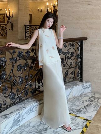 【珠绣云舒】国风新中式无袖珠管绣花上衣白杏色阔腿裤套 #品质女装 #优雅知性 #温柔风 #东方美学 #穿出高级感