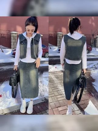 时尚2025春季牛仔马甲半身裙套装女大码宽松洋气网红帽衫三件套潮 #套装显瘦穿搭 #减龄显瘦穿搭 #穿出自己的风格 #春秋穿搭 #大码搭配
