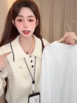 镂空提花蝴蝶结刺绣针织衫女秋冬新款polo领长袖毛衣宽松洋气 #显瘦遮肉 #谁穿谁好看系列 #轻奢女装 #时髦精 #上新