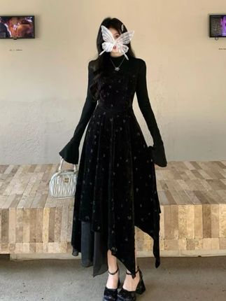 韩系赫本连衣裙女秋冬新款拼接磨毛收腰长袖针织小黑长裙#显瘦穿搭 #连衣裙 #显瘦穿 #显瘦连衣裙 #约会穿搭