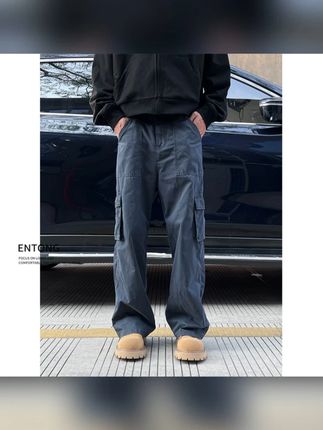 #ootd穿搭 #男生穿搭 #百搭神裤 #牛仔裤 #工装裤 Entong美式复古藏蓝色水洗工装裤男多口袋高街百搭宽松直筒牛仔裤
