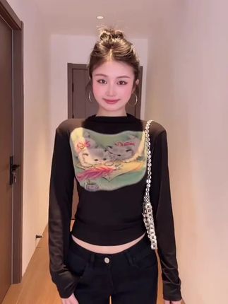 早秋必备!大码胖mm美式猫咪印花正肩长袖T恤,修身显瘦 #修身显瘦T恤 #修身显瘦 #胖mm上衣 #女款打底衫 #大码女T恤