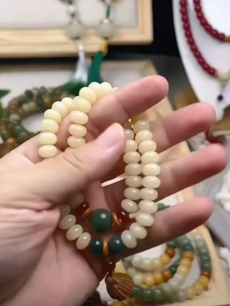 (有盘玩袋)奶油菩提手持算盘珠56颗白菩提根双圈男女文玩莲蓬