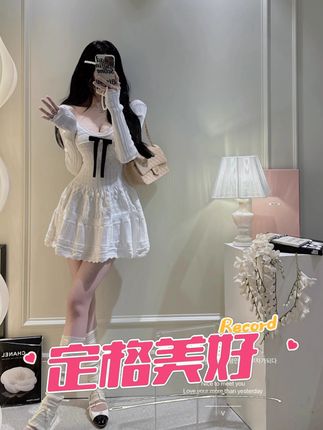 法式纯欲风蝴蝶结长袖连衣裙子女秋季设计感收腰甜美白色针织短裙#小众穿搭 #连衣裙 #ootd穿搭 #遮肉显瘦 #爆款热卖中
