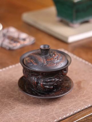 中式茶器界的“龙纹天花板”!这款紫陶三才盖碗绝了!#紫陶 #手工 #茶壶 #茶空间 #茶生活