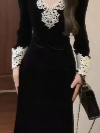 法式宫廷复古重工蕾丝拼黑色丝绒连衣裙晚宴会礼服鱼尾长裙 #连衣裙 #裙子👗 #女人味十足 #温柔风穿搭