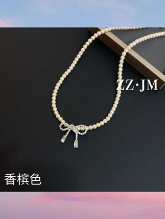 钛钢仿珍珠项链 (优雅蝴蝶结小米珠)4mm香槟色项链精致简约法式#项链 #项链推荐 #饰品 #钛钢项链 #仿珍珠项链