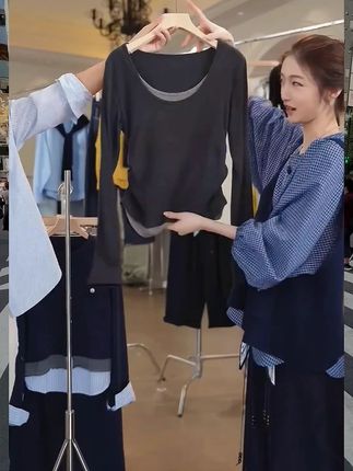 假两件撞色T恤女欧洲站2025早秋新款欧货女装时尚百搭打底小衫潮 #假两件小衫 #时尚上衣 #百搭上衣 #打底小衫 #新款上衣