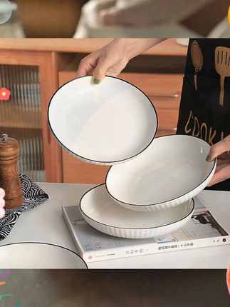 菜盘子家用陶瓷新款简约炒菜凉菜碟子餐盘7/8英寸竖纹圆深盘子  #陶瓷餐具 #餐具套装 #餐具控