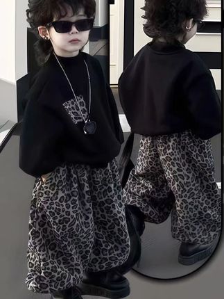 男女宝秋季新款亲子套装豹纹卫衣灯笼裤两件套装韩版百搭时尚洋气 #套装 #男童童装 #卫衣 #秋季新款