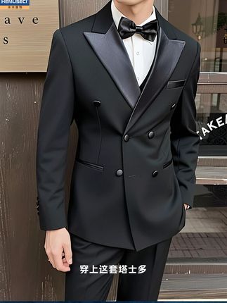 塔士多三件套新郎战袍双排扣绅士必备 #男士正装 #婚礼穿搭 #新郎西装
