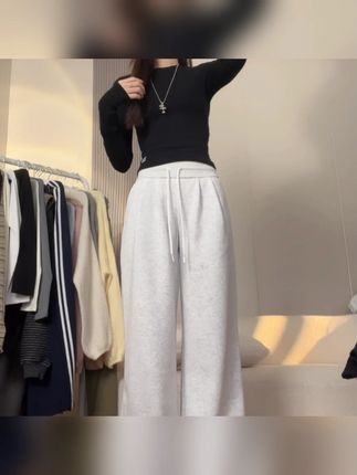 美式高腰抽绳运动裤女秋季新款高腰垂感宽松直筒显瘦休闲阔腿裤