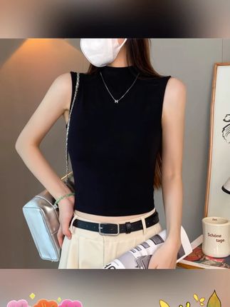 螺纹黑色半高领吊带背心女春夏修身外穿短款内搭无袖显瘦打底上衣#螺纹黑色半高领打底衫 #吊带背心 #外穿短裤 #显瘦打底 #t恤