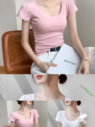 短袖t恤女2025夏季新款修身显瘦正肩韩版小纵上衣低领内搭半袖T恤 #低领 #半袖 #显瘦 #正肩