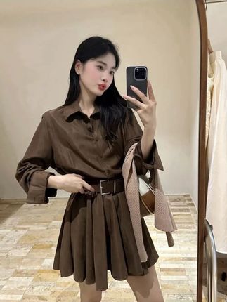 望野集WIdset(棕调)出游服装女韩系复古翻领衬衫裙连衣裙1041##面料柔软舒适 #显比例穿搭来啦 #百搭 #显白 #遮肉显瘦