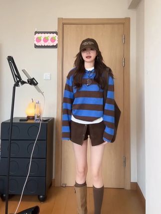 减龄少女多巴胺圆领撞色条纹套头保暖上衣保暖毛衣时尚针织衫#ootd穿搭 #今天穿什么 #小个子女生 #ootd