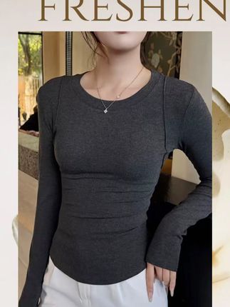 长袖圆领打底衫女春秋内搭显瘦时尚洋气百搭修身纯色外穿上衣韩版##打底衫 #长袖