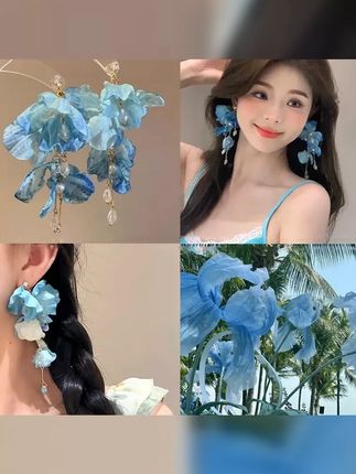 高级感夸张蓝色花朵流苏耳环女小众度假风花瓣耳钉氛围感气质耳饰 #耳环 #耳钉 #度假风穿搭 #耳饰 #美出高级感