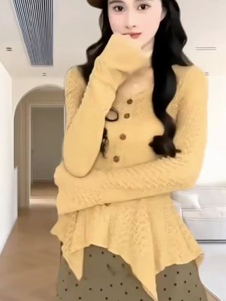 法式温柔风早秋穿搭套装气质不规则针织衫女波点半身裙两件套8016 #早秋穿搭 #我又心动了 #琥珀色系美甲 #复古穿搭 #ootd穿搭分享