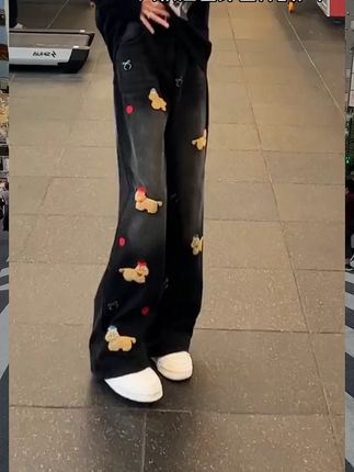 美式趣味小狗刺绣牛仔裤男女2025秋季新款高街设计感直筒阔腿国潮