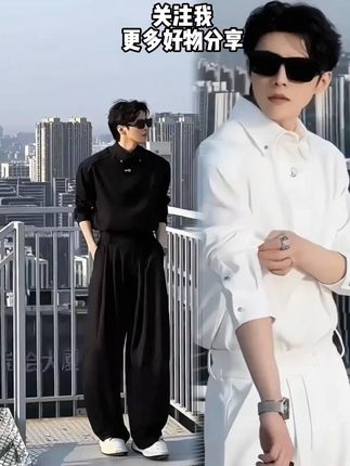 潮流同款新品原创设计款高级感简约衬衫男士套装休闲宽松衬衣长裤#男生穿搭 #轻熟风 #时装男士 #西装杀