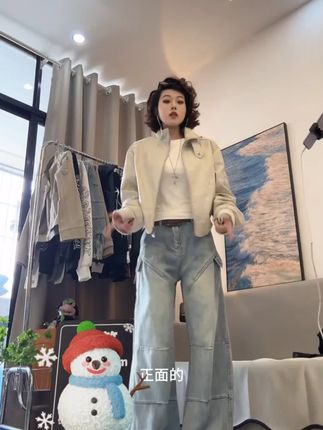 竹节纹美式复古做旧水洗牛仔裤女秋季新款设计感百搭休闲阔腿长裤 #高级感穿搭 #设计感穿搭 #显高显瘦显腿长 #搭配技巧 #早秋穿搭