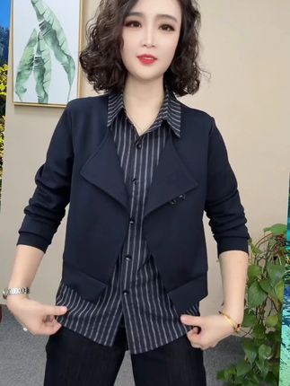 气质翻领女装时尚套装假两件早秋休闲风拼接显瘦洋气长袖#656 #洋气长袖 #休闲风 #假两件 #翻领女装