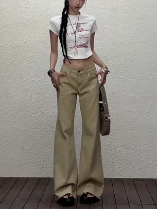 2025夏季新款!美式复古辣妹卡其色低腰微喇牛仔裤 #夏季新款裤子 #低腰微喇裤 #秋季新款裤子 #拖地牛仔裤 #夏季低腰裤