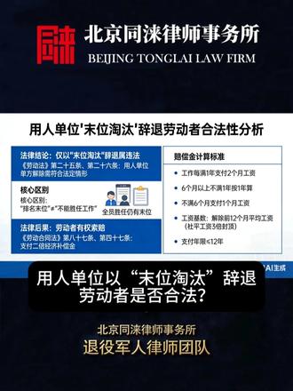 用人单位以“末位淘汰”辞退劳动者是否合法? 用人单位以“末位淘汰”辞退劳动者是否合法?
用人单位仅以“末位淘汰”为由辞退劳动者,系违法行为。根据《劳动法》第二十五条、第二十六条之规定,用人单位单方解除劳动合同需符合法定情形,而“末位淘汰”仅为劳动者之间的考核排名,即便全员胜任工作也会有末位,因此“排名末位”不等于“不能胜任工作”,亦不构成严重违纪,据此解除合同缺乏法律依据,属违法解除。
面对违法解除,劳动者有权索赔。依据《劳动合同法》第八十七条、第四十七条之规定,用人单位需支付二倍经济补偿金作为赔偿金。计算标准为:工作每满一年支付两个月工资,六个月以上不满一年按一年算,不满六个月支付一个月工资;工资基数为解除前十二个月平均工资,高于当地社平工资三倍的按三倍封顶,支付年限最高不超过十二年。
需明确,企业有用工自主权,若仅依绩效考核调整岗位、安排培训,未解除劳动关系,属合理管理;但若以“末位”为名辞退员工,则需承担相应法律责任。#辞退 #辞退员工 #末位淘汰