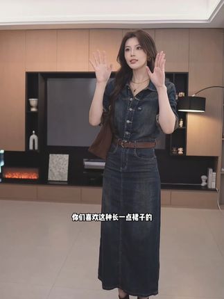 高个子大码复古长袖牛仔H版型连衣裙收腰显瘦气质包臀长裙#今天穿什么 #品质女装 #牛仔连衣裙 #牛仔裙 #搭配日常