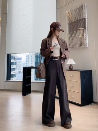 美拉德咖色毛呢阔腿裤女秋冬季高级感垂感宽松拖地高腰休闲西装裤#美拉德风格 #秋冬阔腿裤 #高级感裤子 #西装裤 #秋冬穿搭