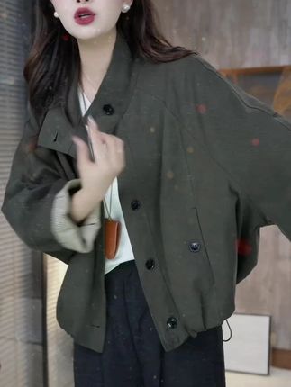 欧货英伦风立领夹克外套女新款宽松休闲内里条纹短款风衣上衣#显瘦穿搭 #短款风衣上衣 #外套 #夹克