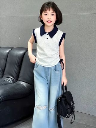 女童夏装新款洋气大童女孩时髦拼接背心花边牛仔裤套装#谁穿谁好看系列 #小个子穿搭 #童装 #出游穿搭 #今日新款推荐