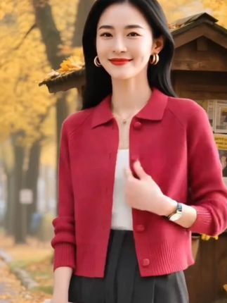 翻领针织开衫女春秋短款高腰毛衣小外套配裙子针织外搭上衣#翻领针织开衫 #春秋短款外套 #高腰显瘦毛衣 #配裙子外搭 #女士针织上衣